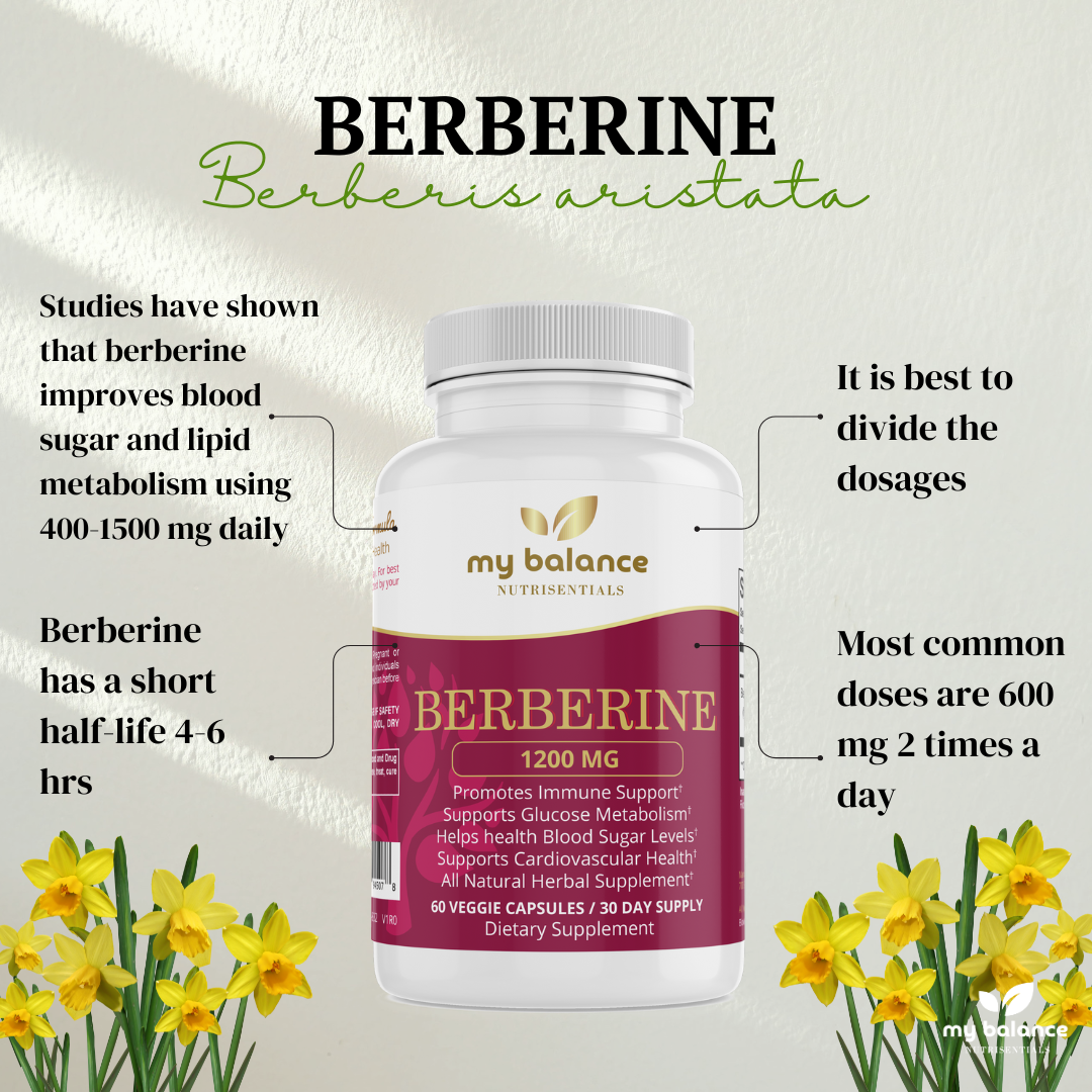 Berberine supplement bottle front, 1200 mg, with dosing and study highlights