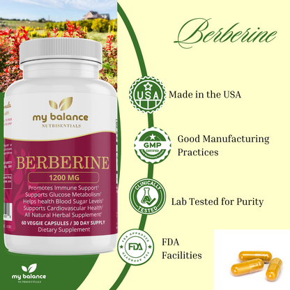Berberine supplement bottle with USA, GMP, clinically tested, and FDA facilities badges