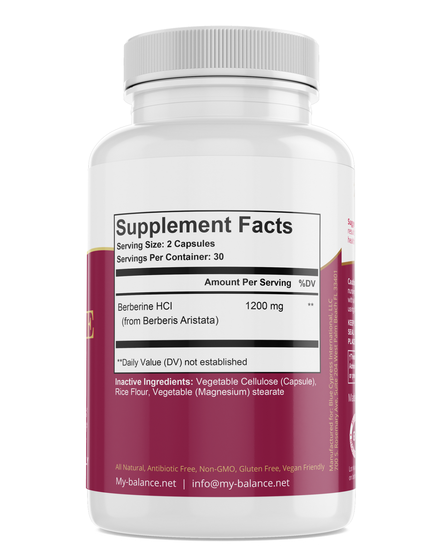 Berberine supplement bottle back label with Supplement Facts and 1200 mg serving