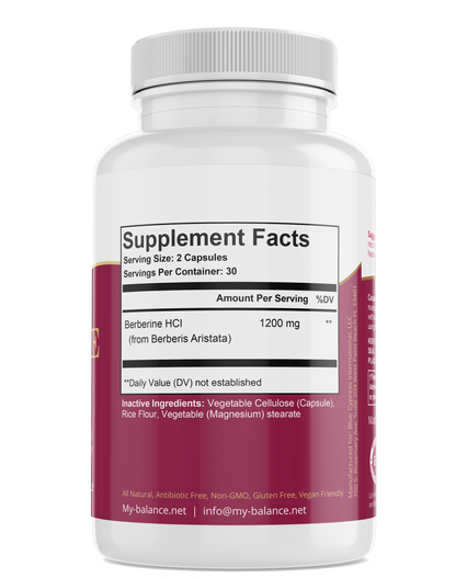 Berberine supplement bottle back label with Supplement Facts and 1200 mg serving
