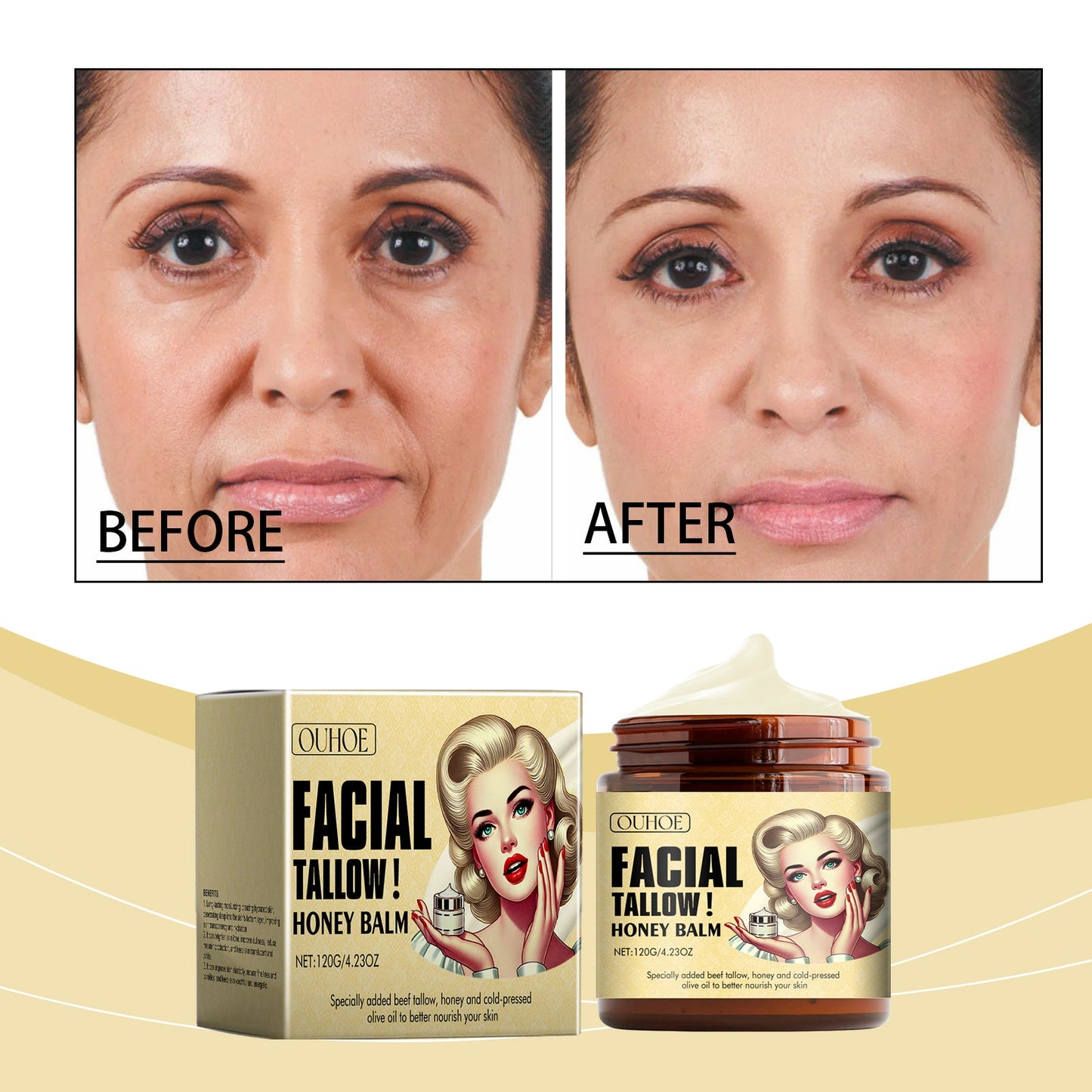 Facial tallow honey moisturizing cream jar and balm box, amber jar with gold label.