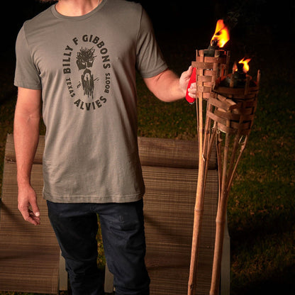 Olive-gray T-shirt with large circular chest logo graphic, crew neck