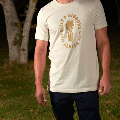 Light beige T-shirt with gold circular chest logo graphic, crew neck