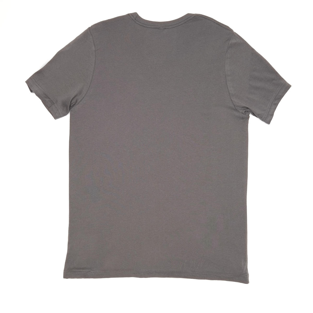 Dark gray T-shirt back view, plain crew neck