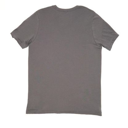 Dark gray T-shirt back view, plain crew neck