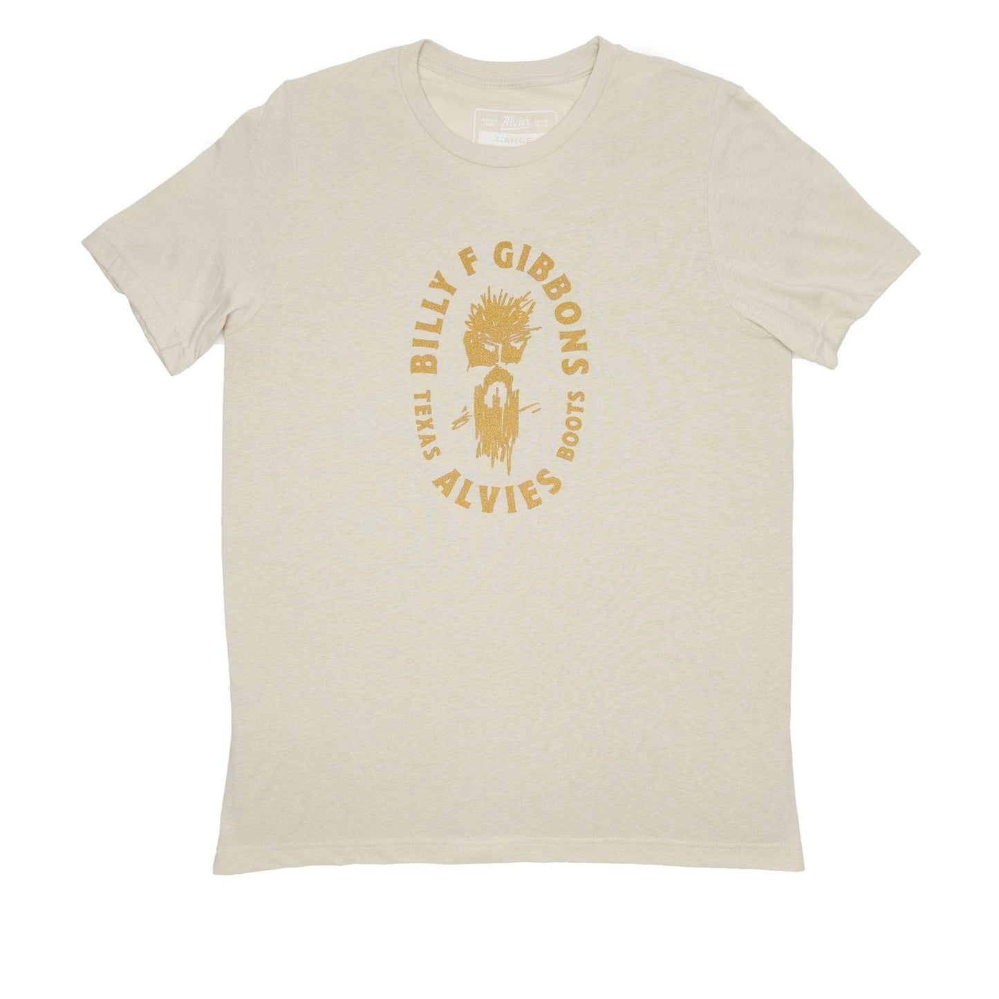Beige T-shirt with circular gold chest graphic, crew neck