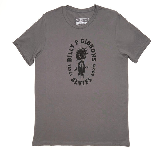 Dark gray T-shirt with circular chest graphic and crew neck
