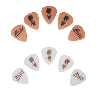 Mixed set of tan and white guitar picks with tree graphic and Alvies logo