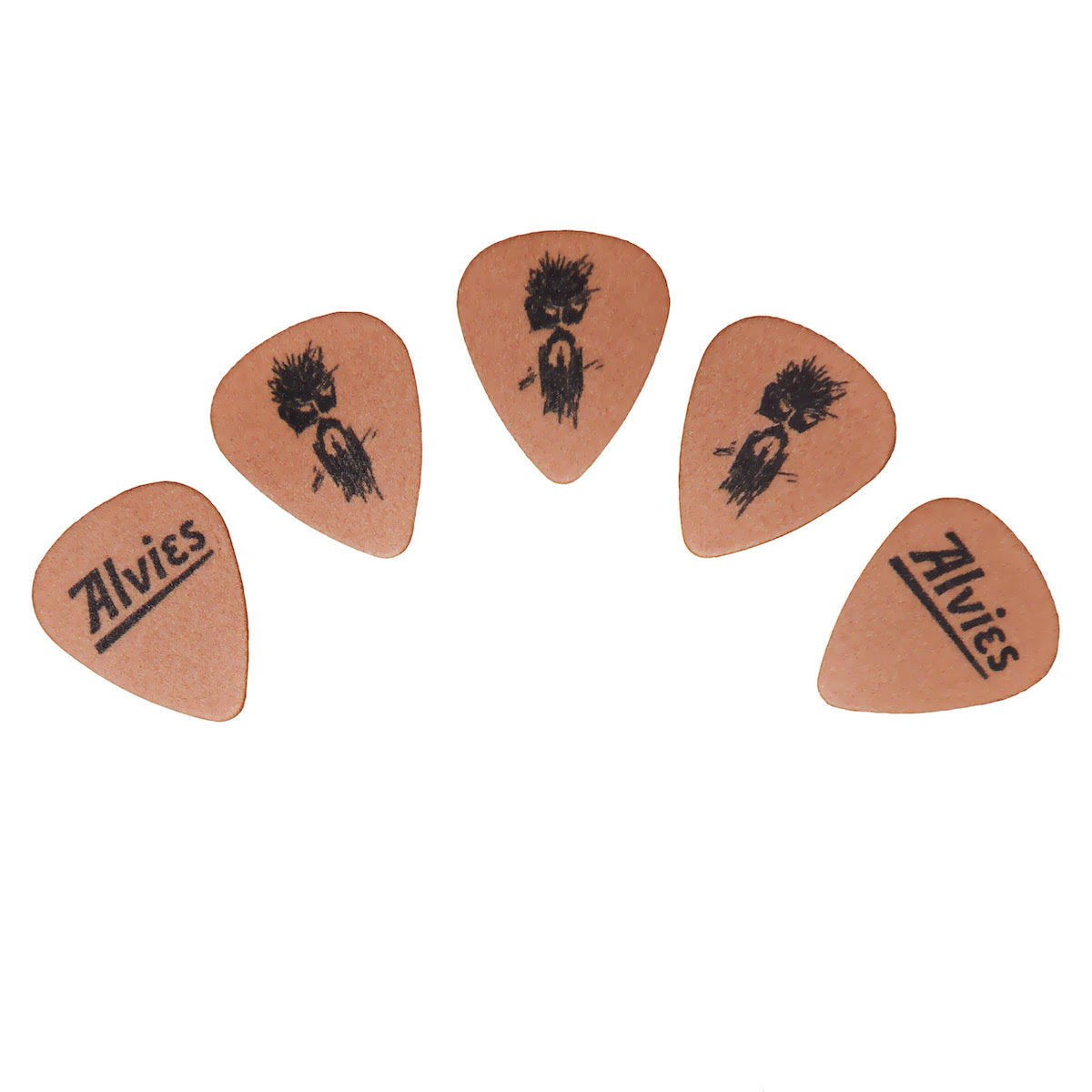 Set of tan guitar picks with tree graphic and Alvies logo, assorted shapes