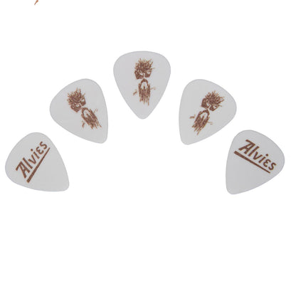 Set of white guitar picks with tree graphic and Alvies logo, assorted shapes