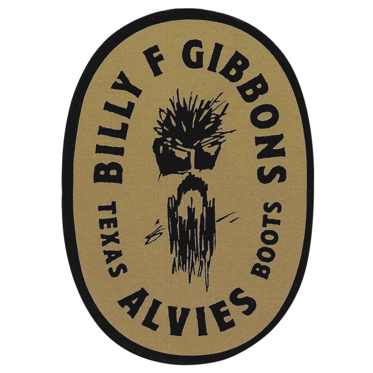 Round sticker with black logo and text on tan background