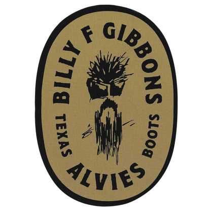 Round sticker with black logo and text on tan background