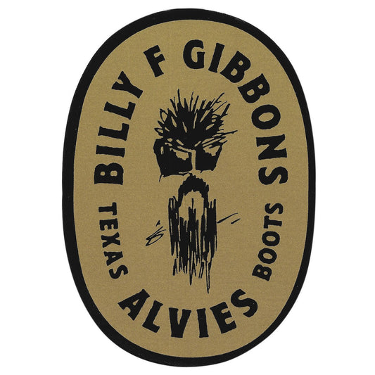 Round sticker with black logo and text on tan background