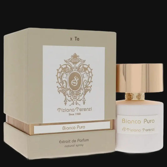 Bianco Puro perfume bottle with cream box and gold label cap, women's extrait