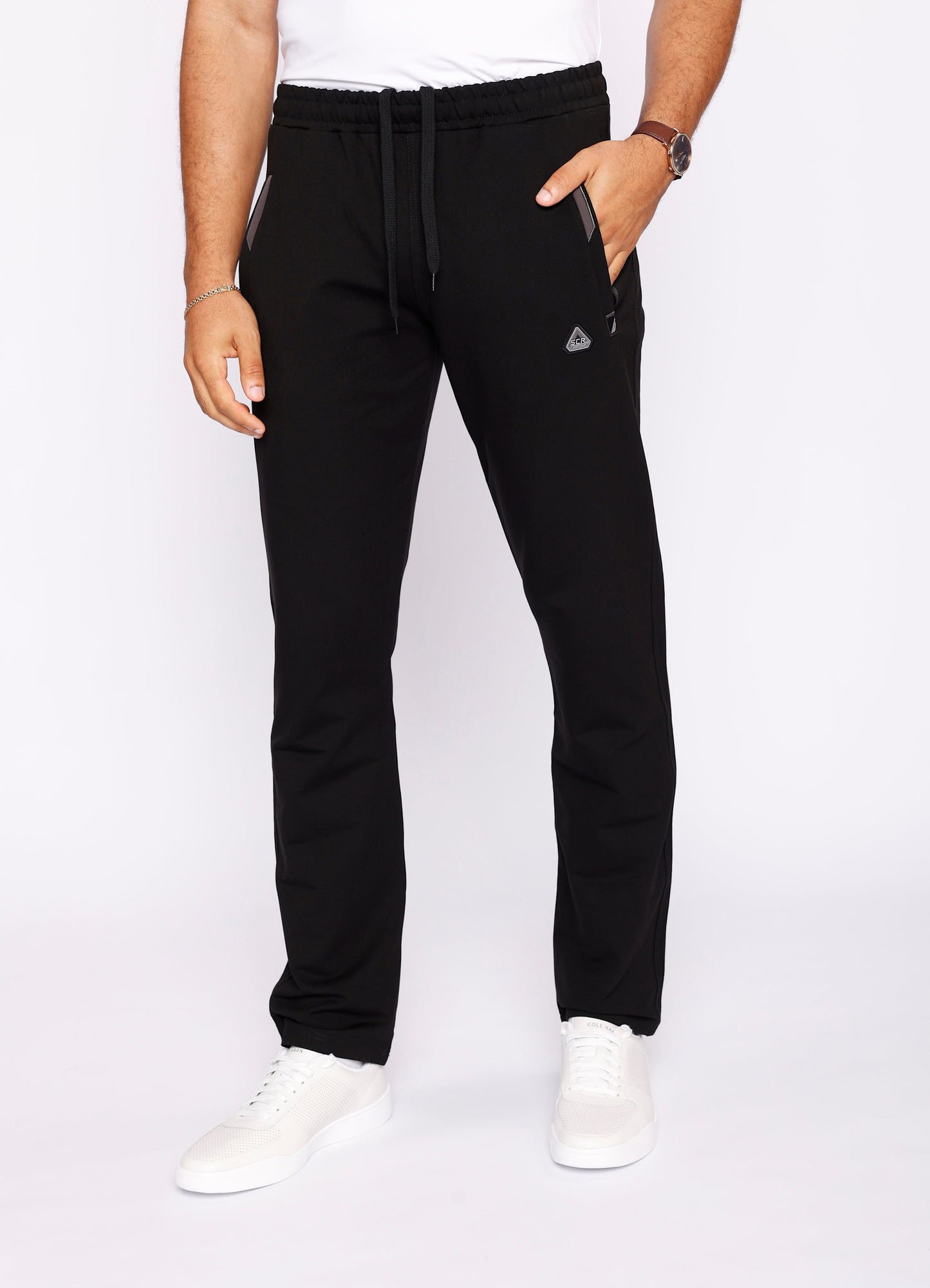 Black athletic straight sweatpants with elastic drawstring waistband and side pockets