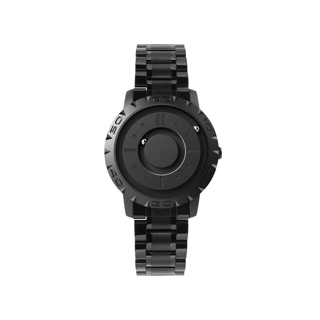 Men’s magnetic pointer watch with black metal bracelet and black dial with round central hub