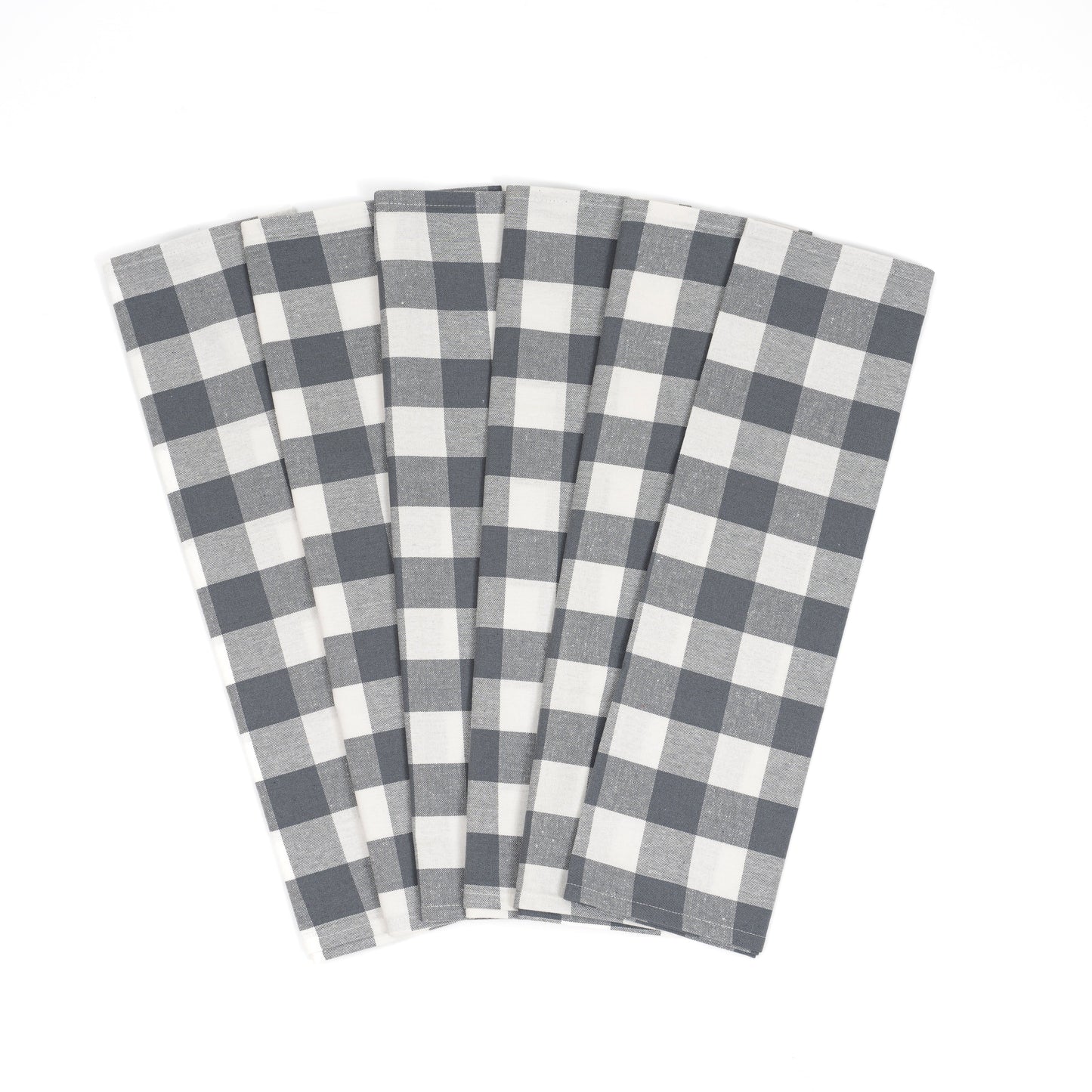 Plaid kitchen towels, dark gray and white check pattern, folded set of towels
