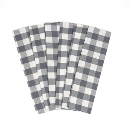 Plaid kitchen towels, dark gray and white check pattern, folded set of towels
