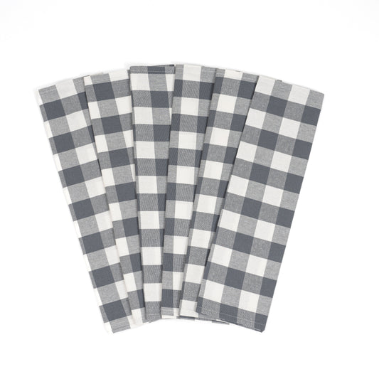 Plaid kitchen towels, dark gray and white check pattern, folded set of towels