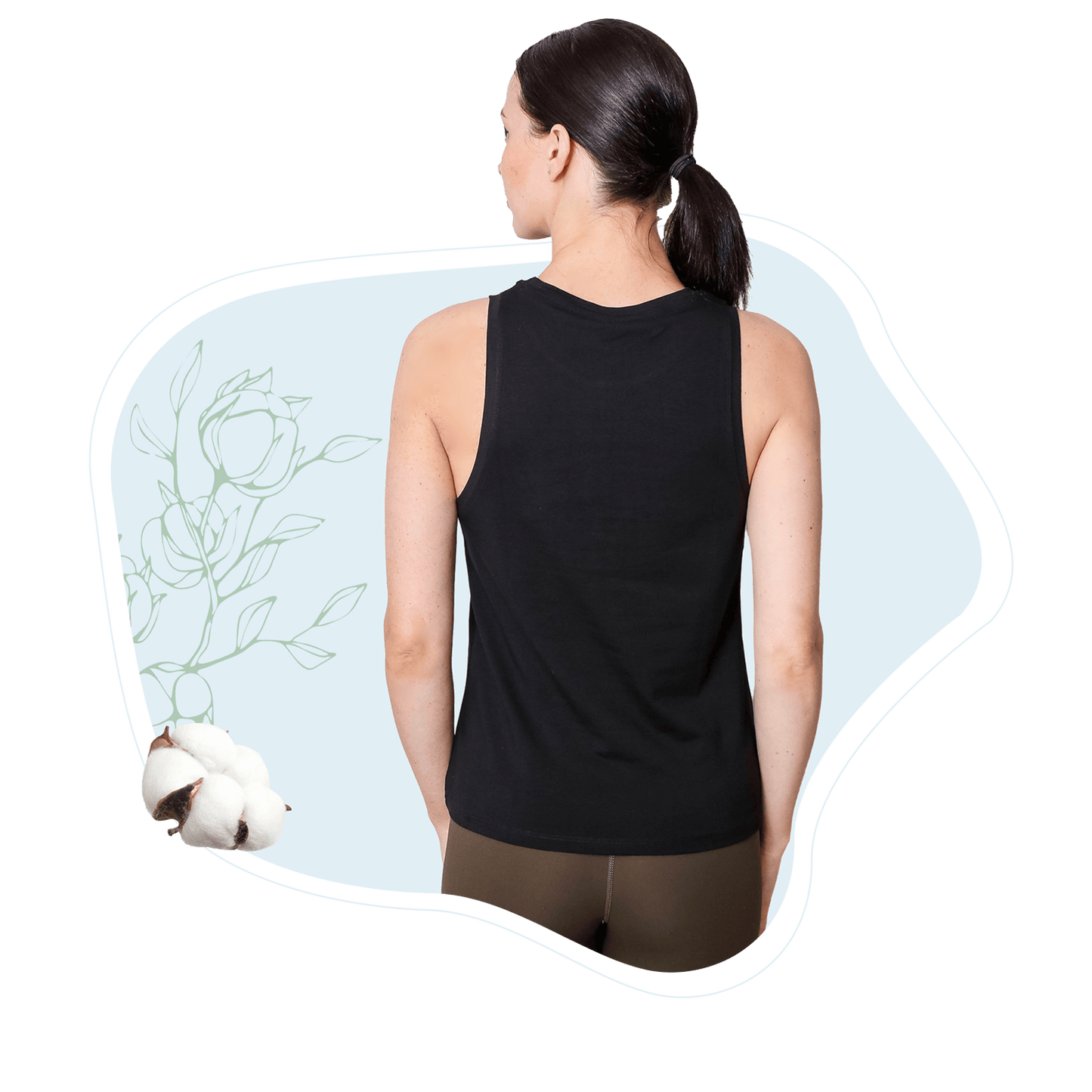 Black women's tank top back view with crew neckline and racerback straps