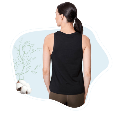 Black women's tank top back view with crew neckline and racerback straps