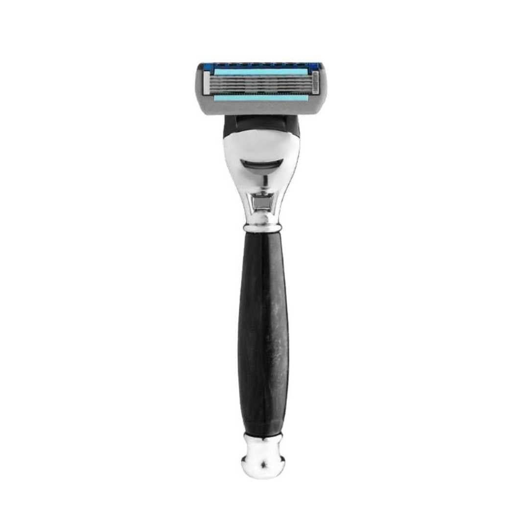 Cartridge razor with black handle and blue cartridge, chrome head.
