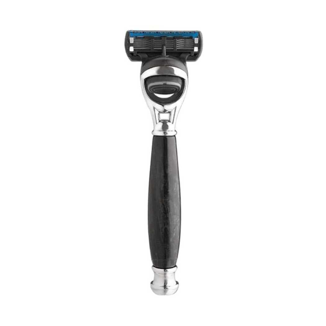 Cartridge razor with blue cartridge and chrome head on dark handle.