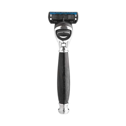Cartridge razor with blue cartridge and chrome head on dark handle.