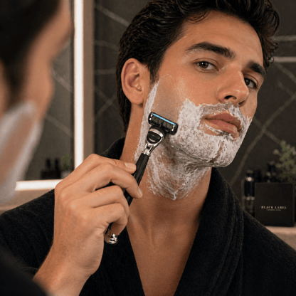 Cartridge razor in hand with shaving foam; black handle, blue cartridge, chrome head.