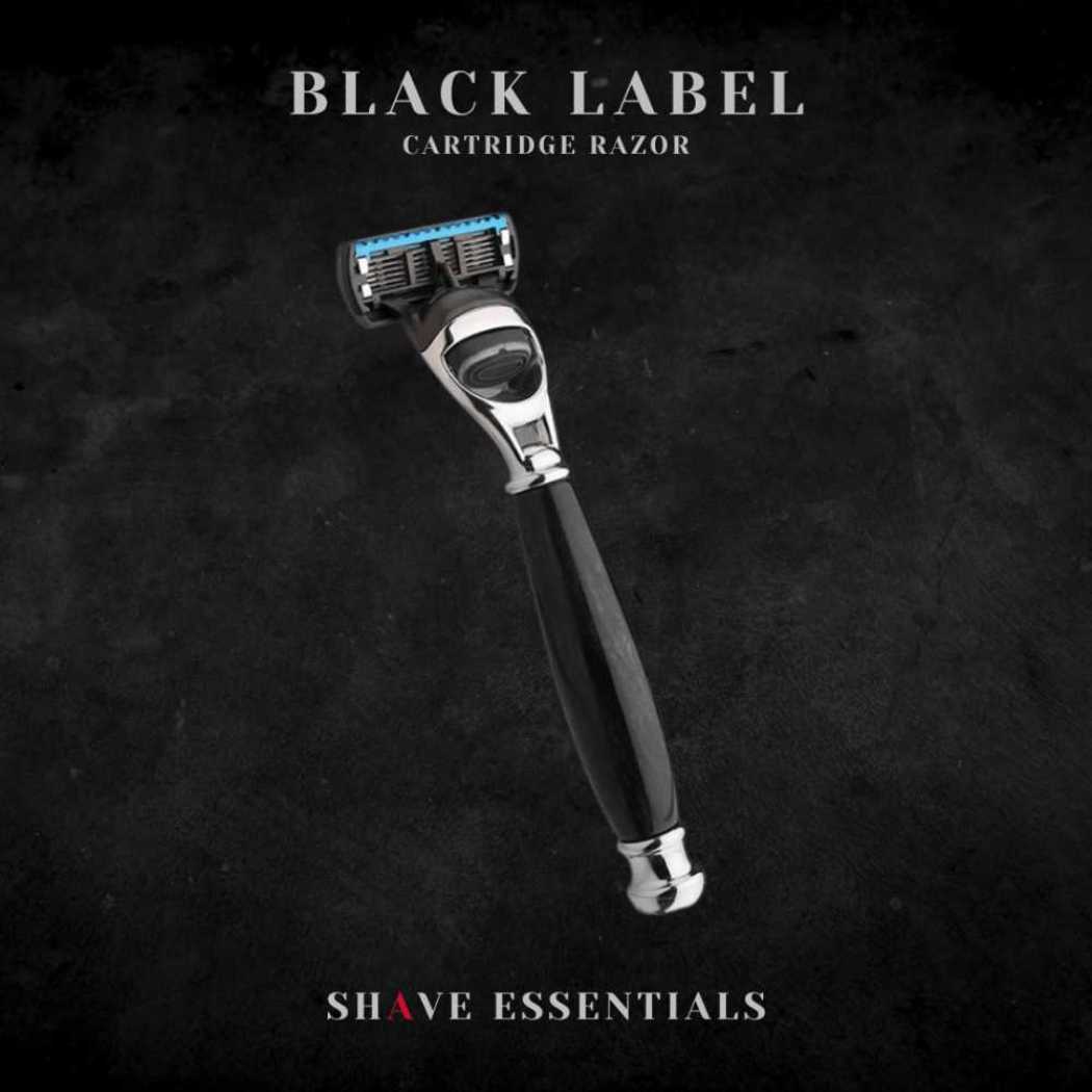 Cartridge razor with black handle and blue multi-blade cartridge, chrome head.