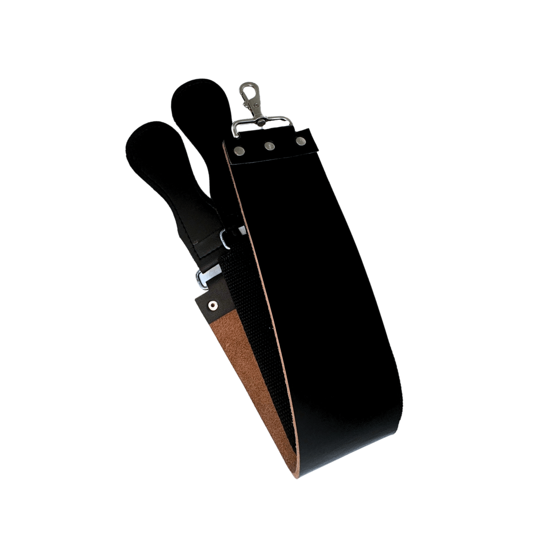 Black leather razor strop with two loops and a metal clip