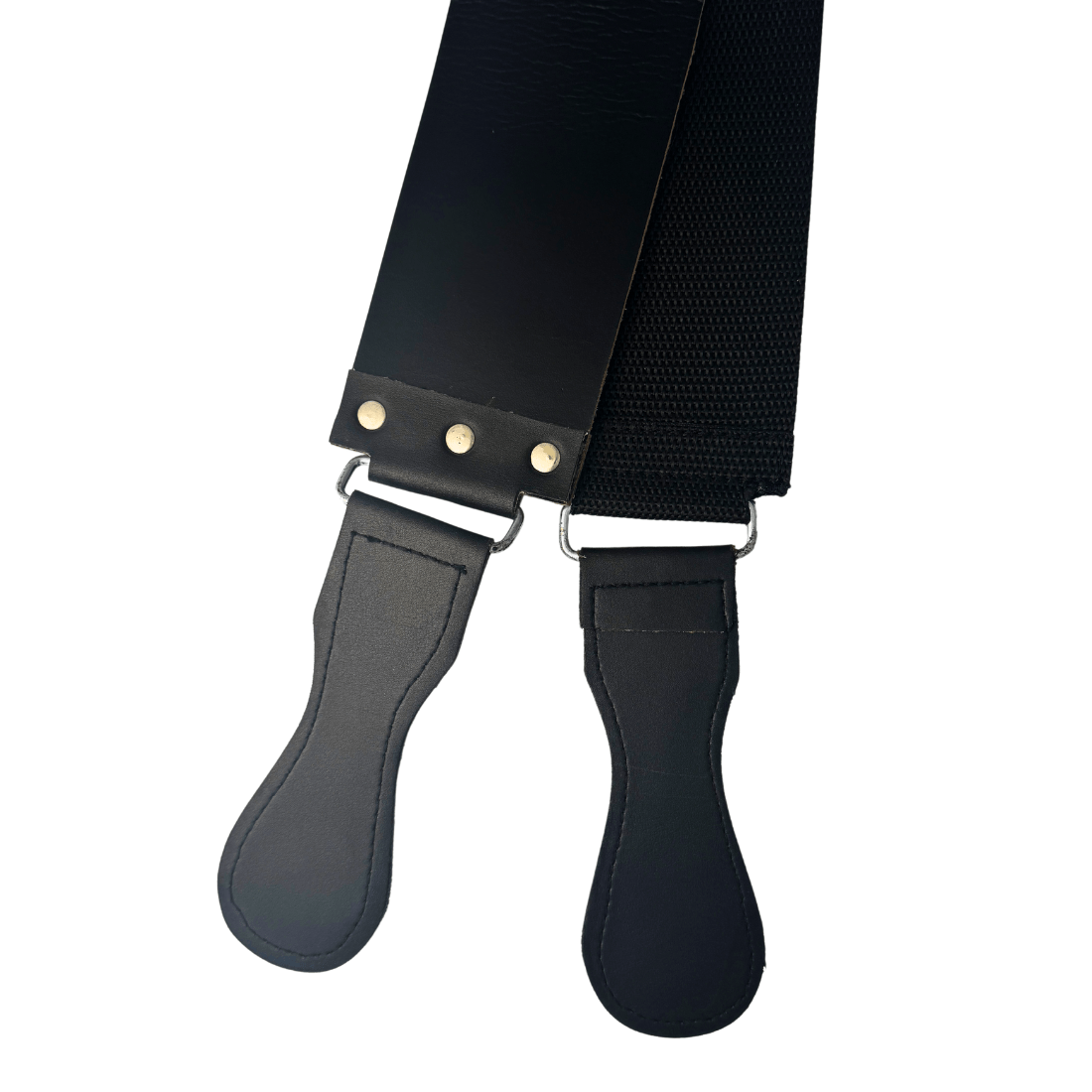 Black leather razor strop with two straps and metal snap fasteners