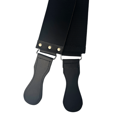 Black leather razor strop with two straps and metal snap fasteners