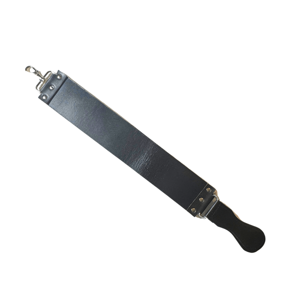 Dark leather razor strop with metal end plate and stitched carrying loop