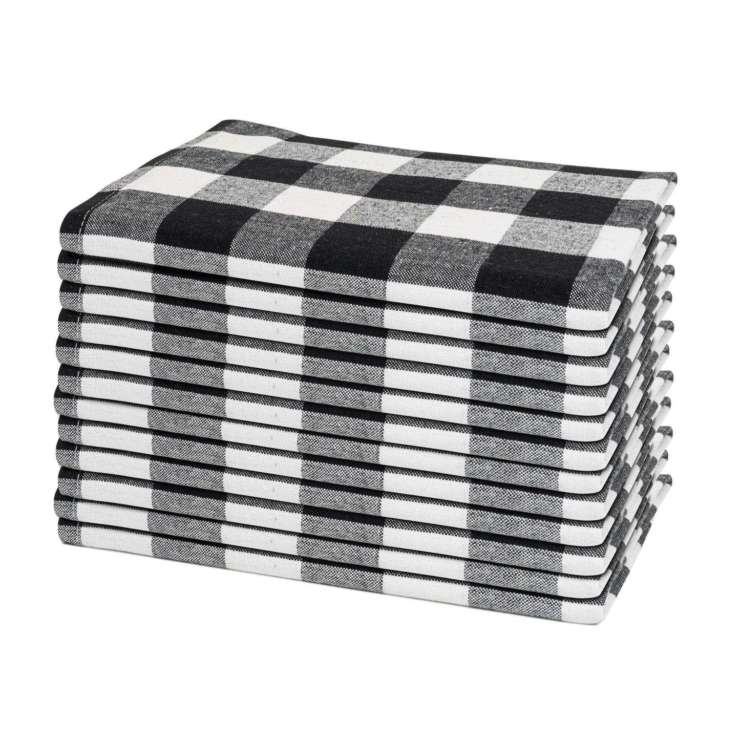 Plaid dinner napkins, stacked, black gray and white check pattern