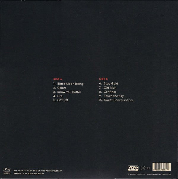 Vinyl record back cover with tracklist text on dark background