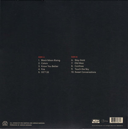 Vinyl record back cover with tracklist text on dark background