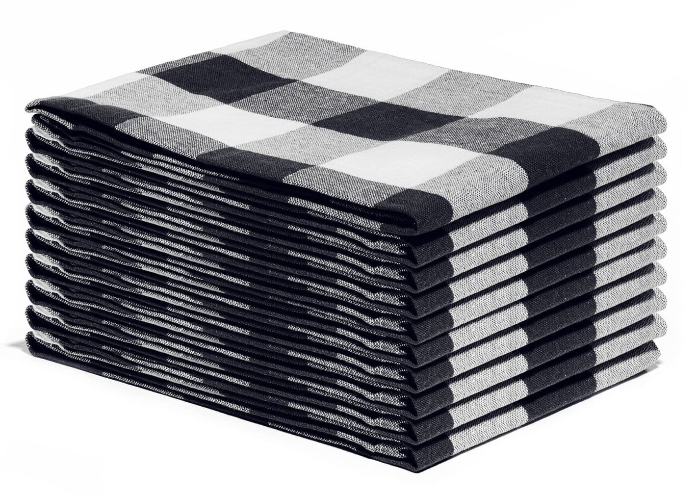 Plaid kitchen towels, black gray and white check pattern, neatly stacked set