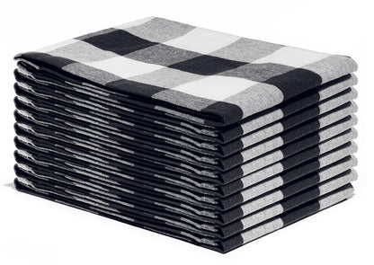 Plaid kitchen towels, black gray and white check pattern, neatly stacked set