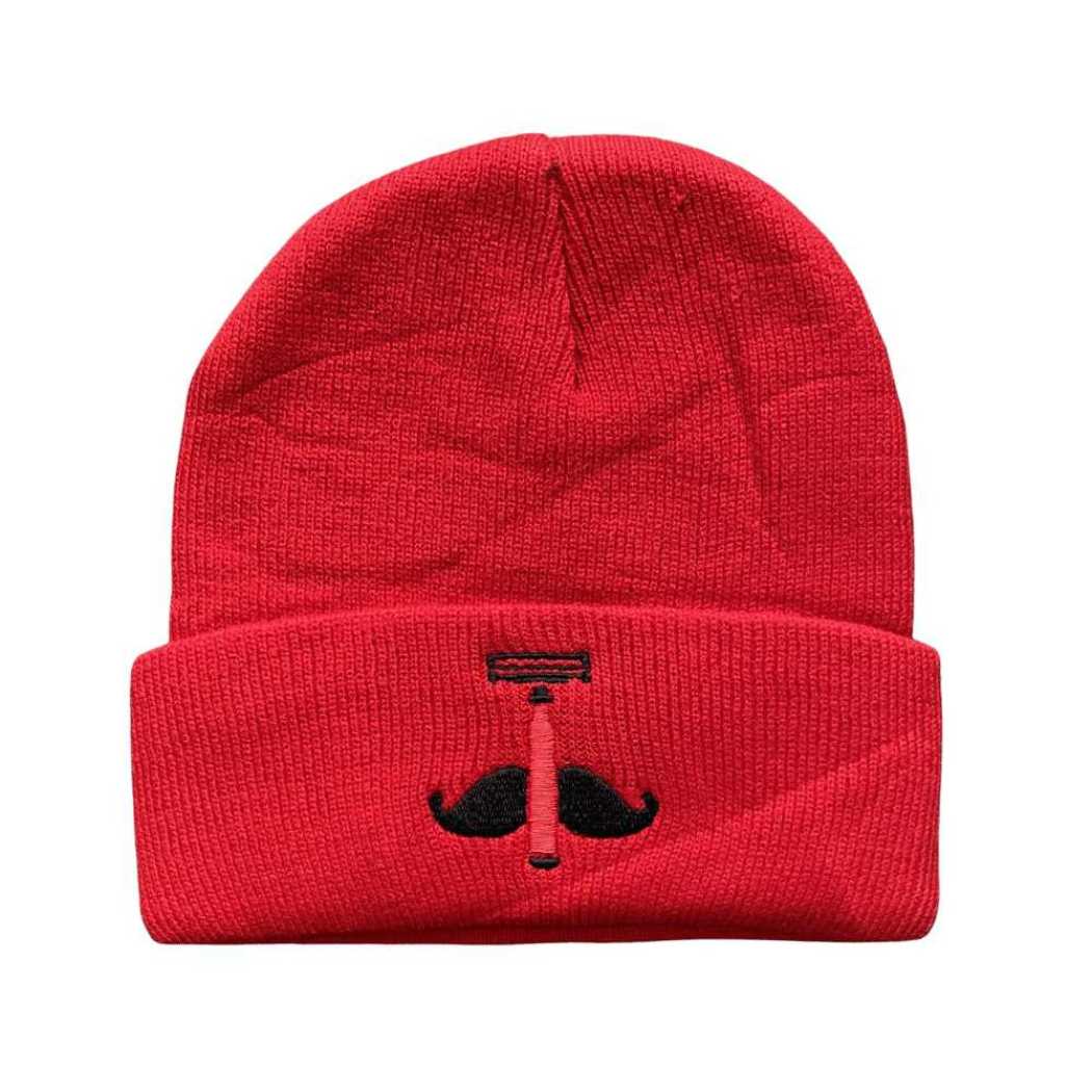 Red ribbed knit beanie with black anchor emblem and small red center on front.
