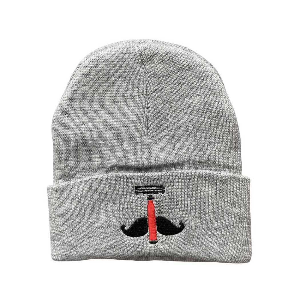 Gray knit beanie with black anchor emblem and red center on front.