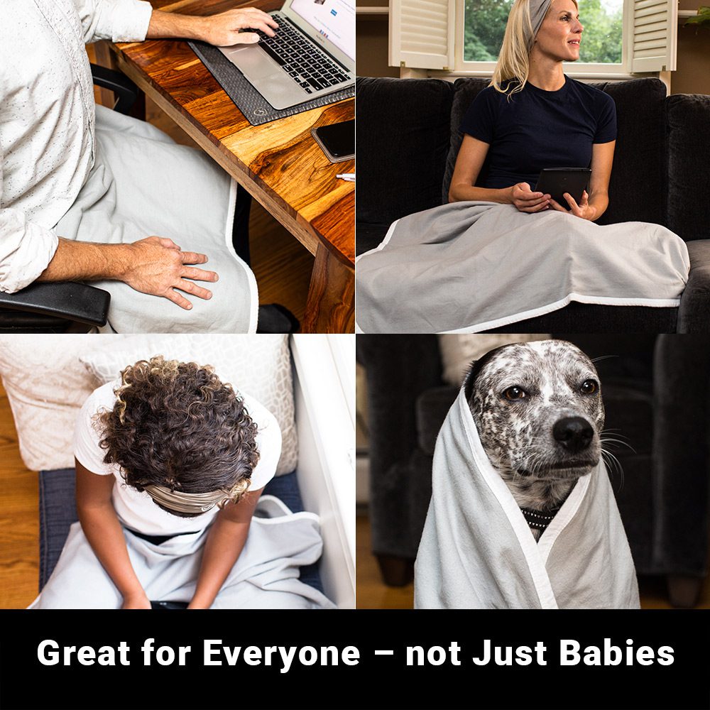 Grey baby blanket wrapped on a dog and people in separate lifestyle scenes