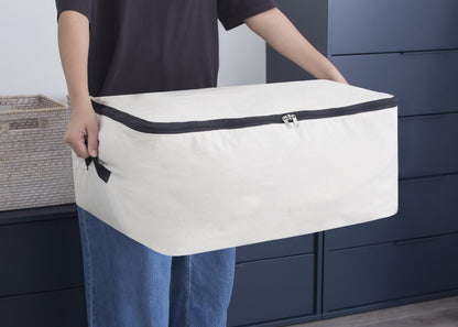 Comforter storage bag, rectangular beige with top zipper and carry strap handle