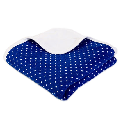 Baby blanket with dark blue fabric and white polka dots, folded with white trim
