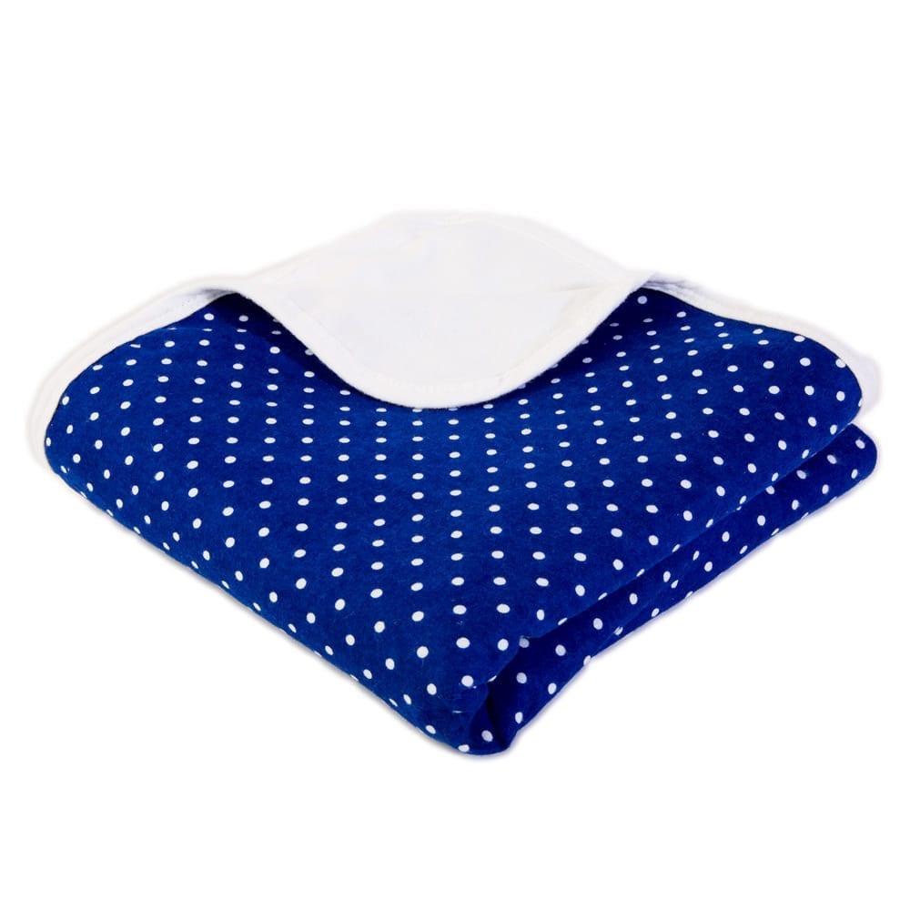 Baby blanket in dark blue with white polka dots, folded with padded edge