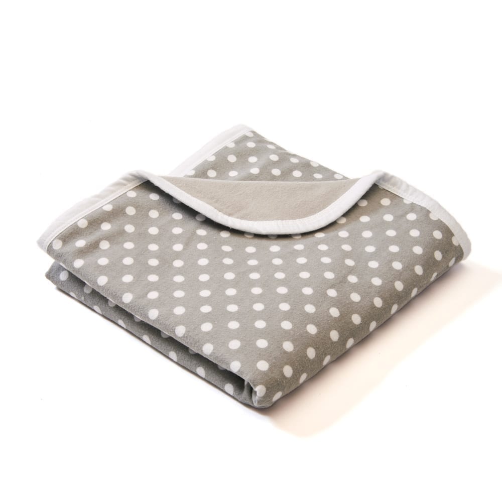 Baby blanket in grey with white polka dots, folded with padded edge