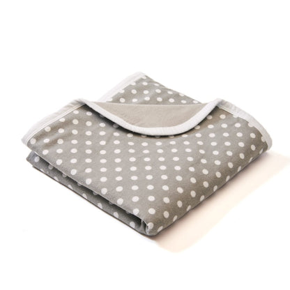 Baby blanket in grey with white polka dots, folded with padded edge