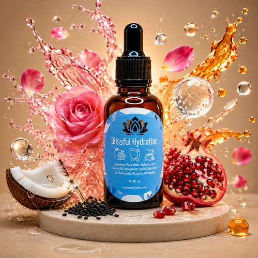 Hydrating facial oil serum bottle with dropper, Blissful Hydration label