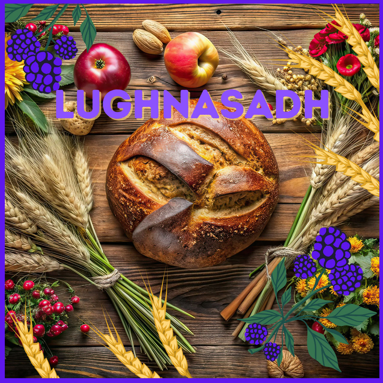 Lughnasadh festival graphic with bread, grains, and berries