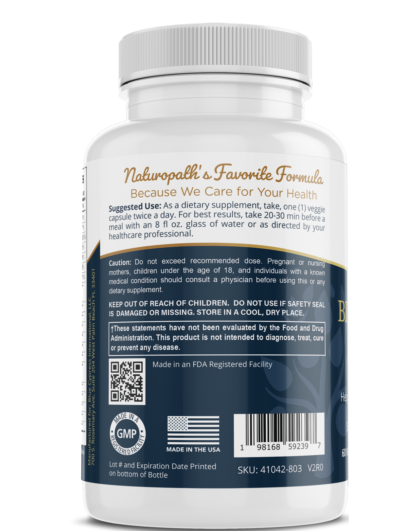 my balance supplement bottle back label with cautions, made in USA